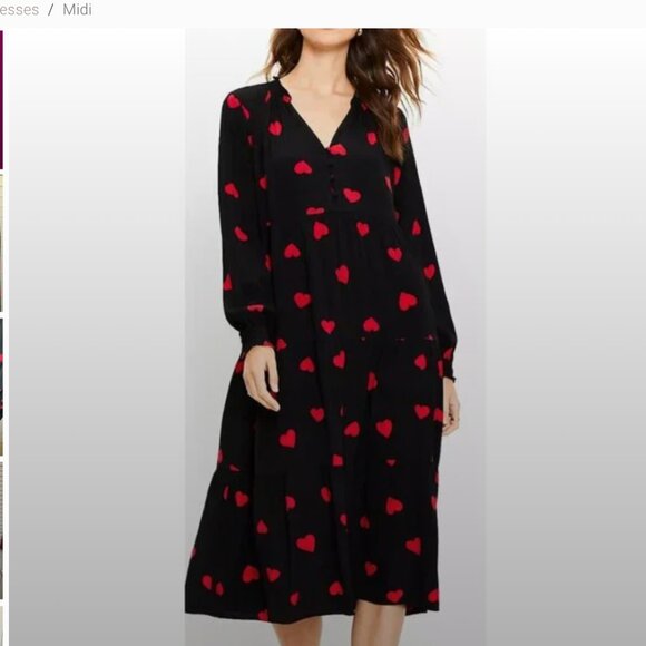 LOFT Black and Red Heart Print Long Sleeve Tiered Whimsy Midi Dress size large - Picture 1 of 7
